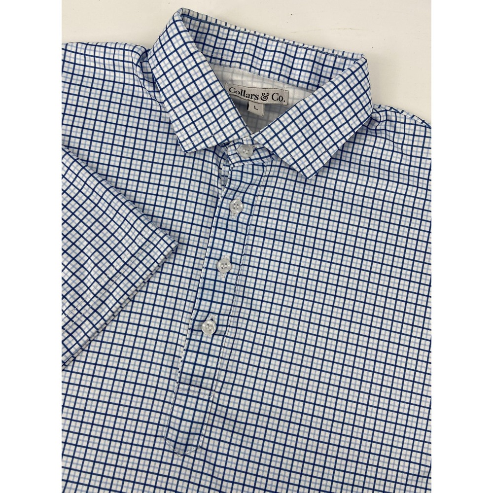 Collars & Co Shirt Men Large Blue Gingham Check Dress Collar Polo Casual Stretch